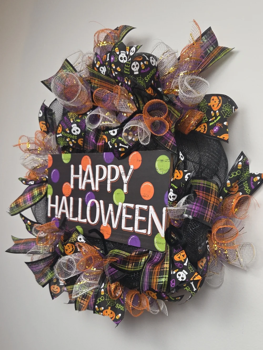 Happy Halloween Pumpkin Skeleton Plaid Black Deco Mesh Holiday Wreath Door Decor